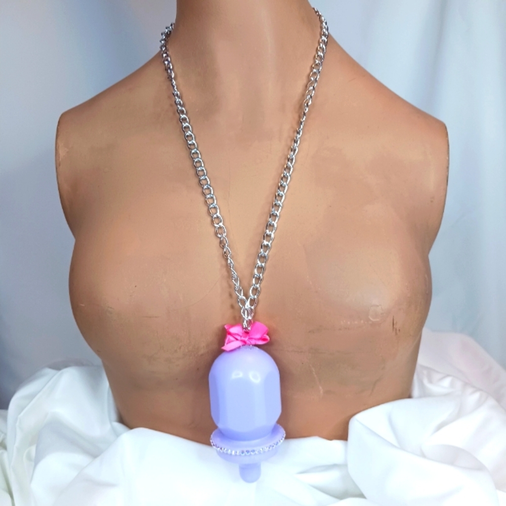 Magic Nursery Baby Doll Bottle Necklace with Iridescent Rhinestones & Pink Bows.